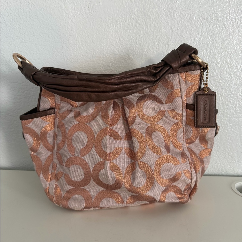 Coach Metallic Rose Signature Hobo with Brown Leather Handle